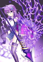 Rule 34 | 1girl, anemone (flower knight girl), armor, armored dress, bad id, bad pixiv id, boots, dragon, elbow gloves, expressionless, fighting stance, flower knight girl, full body, gauntlets, gloves, hair ornament, hairclip, highres, long hair, looking at viewer, polearm, purple background, purple eyes, purple footwear, purple hair, purple theme, skirt, solo, spear, thigh boots, thigh strap, thighhighs, tks (tksmk3), weapon