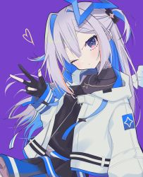 Rule 34 | 1girl, absurdres, amane kanata, amane kanata (work), angel wings, asymmetrical hair, belt, black gloves, black shirt, black skirt, blue belt, blue hair, blue skirt, blush, breasts, commentary, fingerless gloves, frills, gloves, hair between eyes, halo, head tilt, heart, highres, hikap, hololive, hood, hooded jacket, jacket, jewelry, long hair, looking at viewer, multicolored hair, necklace, official alternate costume, one eye closed, pink hair, purple background, purple eyes, ribbed shirt, shirt, short twintails, silver hair, simple background, skirt, small breasts, solo, star (symbol), star necklace, strap, streaked hair, twintails, two-tone skirt, upper body, v, virtual youtuber, white jacket, wings