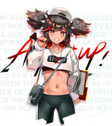 Rule 34 | 1girl, absurdres, backwards hat, bag, baseball cap, black hair, black nails, black pants, collarbone, crop top, crop top overhang, cropped legs, dark-skinned female, dark skin, genshin impact, grin, hand on own hip, hand up, hat, highres, jewelry, long hair, looking at viewer, midriff, multicolored hair, nail polish, navel, necklace, pants, red eyes, scup, shirt, shoulder bag, smile, solo, stomach, streaked hair, twintails, white hat, white shirt, xinyan (genshin impact)
