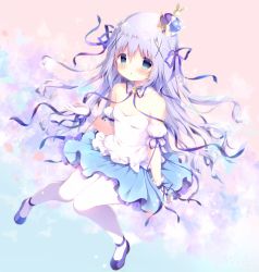 Rule 34 | 1girl, bare shoulders, blue eyes, blue footwear, blue hair, blue ribbon, blue skirt, blush, breasts, closed mouth, commentary request, crown, detached sleeves, gloves, gochuumon wa usagi desu ka?, hair between eyes, hair ornament, hair ribbon, hand up, kafuu chino, long hair, looking at viewer, mini crown, pantyhose, pleated skirt, puffy short sleeves, puffy sleeves, ribbon, shiratama (shiratamaco), shirt, shoes, short sleeves, sitting, skirt, small breasts, solo, strapless, two side up, very long hair, white gloves, white pantyhose, white shirt, x hair ornament