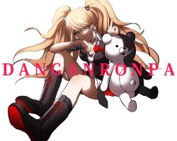 Rule 34 | 1girl, black footwear, black shirt, blonde hair, blue eyes, boots, bow, bra, breasts, choker, cleavage, collarbone, copyright name, cross-laced footwear, danganronpa: trigger happy havoc, danganronpa (series), enoshima junko, evil smile, grey background, hair ornament, highres, knee boots, long hair, looking at viewer, middle finger, monokuma, nail polish, necktie, no (xpxz7347), red bow, red nails, red skirt, school uniform, shirt, simple background, sitting, skirt, sleeves rolled up, smile, smirk, solo, stuffed animal, stuffed toy, teddy bear, twintails, underwear, white necktie