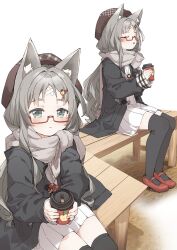 Rule 34 | 1girl, animal ear fluff, animal ears, bandaid, bandaid on face, bandaid on forehead, beret, black coat, black thighhighs, blush, brown headwear, closed eyes, closed mouth, coat, commentary request, commission, cup, fox ears, fox girl, glasses, green eyes, grey hair, grey scarf, hair ornament, hairclip, hat, highres, holding, holding cup, long hair, long sleeves, looking at viewer, multiple views, original, pleated skirt, red-framed eyewear, red footwear, scarf, semi-rimless eyewear, shoes, simple background, sitting, skeb commission, skirt, thighhighs, under-rim eyewear, white background, white skirt, yukie (kusaka shi), zettai ryouiki