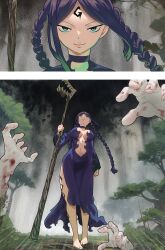 Rule 34 | barefoot, braid, breasts, center opening, cleavage, colorized, dead rock, dress, gaston18, large breasts, long hair, mashima hiro, mikoto (dead rock), navel, staff, twin braids
