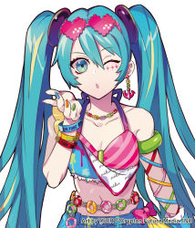 Rule 34 | 1girl, anchor earrings, aqua eyes, aqua hair, armlet, bikini, bow, bowtie, bracelet, chain, chain necklace, character name, clothes writing, commentary, denim, earrings, eyewear on head, hair ornament, hand up, hatsune miku, heart, heart-shaped eyewear, highres, jewelry, long hair, midriff, nail polish, navel, necklace, one eye closed, open mouth, puppeteer7777, solo, swimsuit, tankini, twintails, upper body, very long hair, vocaloid