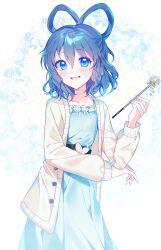 Rule 34 | 1girl, :d, absurdres, blue background, blue dress, blue eyes, chisel, commentary, dated commentary, dress, hair rings, highres, holding, j (ppxx3543), kaku seiga, long sleeves, looking at viewer, open mouth, smile, solo, sweater vest, touhou, white sweater vest