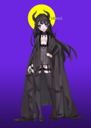 Rule 34 | 1girl, artist name, black dress, black hair, black thighhighs, blue background, boots, breasts, cape, contrapposto, demon horns, detached collar, dress, facial mark, full body, garter straps, gradient background, hand on own hip, high heel boots, high heels, highres, horns, original, purple background, purple eyes, shenq, small breasts, smile, solo, standing, thigh boots, thighhighs