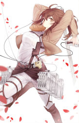 Rule 34 | 1girl, arms up, belt, blade, boots, bread, brown eyes, brown hair, buckle, cable, dual wielding, food, highres, holding, holster, jacket, knee boots, mouth hold, nagu, petals, ponytail, reverse grip, sasha blouse, shingeki no kyojin, short hair, simple background, solo, suspenders, sword, thigh strap, three-dimensional maneuver gear, weapon