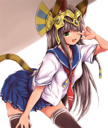 Rule 34 | 1girl, ;d, animal ears, bad id, bad pixiv id, bastet (p&amp;d), black thighhighs, blush, brown hair, cat ears, cat tail, dark-skinned female, dark skin, egyptian, fang, green eyes, jewelry, long hair, looking at viewer, one eye closed, open mouth, pleated skirt, puzzle &amp; dragons, school uniform, serafuku, silver (chenwen), silver (pixiv5594793), sketch, skirt, smile, solo, tail, thighhighs, v, w, zettai ryouiki