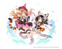 Rule 34 | 2girls, animal ears, animal hands, animal hood, bad id, bad twitter id, bandages, black eyes, black hair, boots, brown eyes, brown hair, byulzzi, character request, claw pose, dress, fake animal ears, fang, gloves, halloween, hat, high heels, hood, hoodie, image sample, long hair, multiple girls, open mouth, paw gloves, paw shoes, shoes, smile, source request, striped clothes, striped legwear, striped thighhighs, tail, thighhighs, tiger ears, traffic cone, twintails, witch hat, wolf ears