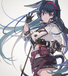 Rule 34 | 1girl, amuri, animal ears, arknights, belt, black hair, blaze (arknights), blue eyes, cat ears, cat tail, energy drink, gloves, hairband, hand guard, infection monitor (arknights), long hair, miniskirt, partially fingerless gloves, simple background, skirt, smile, solo, tail, very long hair