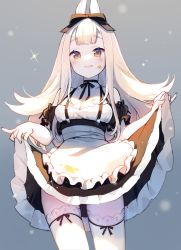 Rule 34 | 1girl, :q, animal ears, apron, bare shoulders, black bow, black choker, black dress, blush, bow, breasts, brown eyes, choker, cleavage, commentary, cowboy shot, detached sleeves, dress, food, food on face, frilled apron, frills, hair bow, highres, long hair, looking at viewer, maid, maid apron, medium breasts, original, short sleeves, simple background, skirt hold, solo, sparkle, standing, thighhighs, tongue, tongue out, virtual youtuber, white apron, white hair, white thighhighs, yennineii