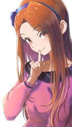 Rule 34 | 1girl, blue hairband, brown hair, closed mouth, collarbone, finger to mouth, hairband, highres, idolmaster, idolmaster (classic), long hair, long sleeves, looking at viewer, minase iori, ms rinmoku, pink shirt, red eyes, shirt, shushing, simple background, smile, solo, upper body, very long hair, white background