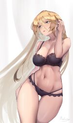 Rule 34 | 1girl, azur lane, bismarck (azur lane), black nails, blonde hair, blue eyes, blush, bra, breasts, cleavage, collarbone, commentary, filin, hair between eyes, highres, lace, lace-trimmed bra, lace-trimmed panties, lace trim, large breasts, long hair, looking to the side, midriff, navel, panties, signature, solo, thigh gap, thighs, underwear
