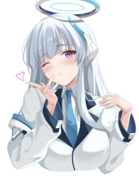 Rule 34 | 1girl, blowing kiss, blue archive, blue necktie, blush, breasts, collared shirt, commentary, cropped torso, halo, hands up, heart, jacket, large breasts, long hair, looking at viewer, mokkon doru, necktie, noa (blue archive), off shoulder, one eye closed, purple hair, shirt, simple background, solo, white background, white hair, white jacket, white shirt