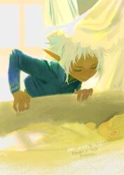 Rule 34 | 2boys, affectionate, aged down, artist name, baby, bapogichi, blonde hair, blue jacket, character name, closed eyes, commentary, cradle, curtains, dark-skinned male, dark skin, dated, day, delgal (dungeon meshi), dungeon meshi, elf, english commentary, english text, eyelashes, facing another, happy birthday, highres, indoors, jacket, long sleeves, lying, male focus, multiple boys, on back, on bed, pointy ears, short hair, smile, sunlight, thistle (dungeon meshi), white hair, window