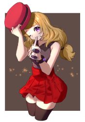 Rule 34 | 1girl, ankea (a-ramo-do), bare shoulders, black background, black shirt, black thighhighs, blonde hair, bracelet, breasts, collared shirt, cowboy shot, creatures (company), female focus, game freak, gem, hands up, hat, head tilt, holding, holding clothes, holding hat, jewelry, legs, long hair, looking at viewer, low-tied long hair, medium breasts, mouth hold, nintendo, one eye closed, pleated skirt, pokemon, pokemon xy, purple eyes, red hair, red hat, red skirt, serena (pokemon), shirt, skirt, sleeveless, sleeveless shirt, smile, solo, sparkle, standing, sunglasses, swept bangs, thighhighs, thighs, unworn eyewear, unworn hat, unworn headwear, white-framed eyewear