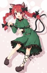 Rule 34 | 1girl, animal ears, arm ribbon, boushi (nandemo), bow, braid, cat ears, cat tail, dress, extra ears, fang, green dress, hair bow, juliet sleeves, kaenbyou rin, leg ribbon, long sleeves, multiple tails, nekomata, no socks, open mouth, paw pose, puffy sleeves, red eyes, red hair, ribbon, smile, solo, tail, touhou, twin braids
