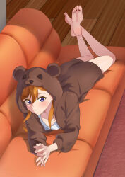Rule 34 | 1girl, absurdres, animal costume, animal ears, animal hood, barefoot, bear ears, bear hood, blush, brown hoodie, carpet, closed mouth, commentary request, couch, fake animal ears, feet up, hair between eyes, highres, holding hands, hood, hood up, hooded jacket, hoodie, indoors, interlocked fingers, jacket, long hair, long sleeves, looking at viewer, love live!, love live! superstar!!, lying, on couch, on stomach, orange hair, own hands together, purple eyes, shibuya kanon, shirt, solo, toes, white shirt, wooden floor, yzlkun