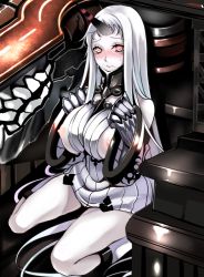 Rule 34 | 10s, 1girl, abyssal ship, blush, breasts, breasts out, claws, dress, horns, kantai collection, large breasts, looking at viewer, machinery, monster, mugenshiki, nipples, pale skin, red eyes, ribbed dress, seaport princess, short dress, single horn, sitting, solo, sweatdrop, thighs, white hair