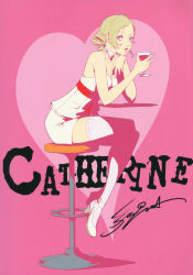 Rule 34 | 1girl, atlus, blonde hair, blue eyes, catherine, catherine (game), crossed legs, curly hair, drill hair, drink, heart, high heels, highres, long hair, looking at viewer, official art, scan, shoes, sitting, soejima shigenori, solo, thighhighs, white thighhighs