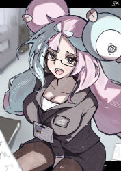 Rule 34 | 1girl, alternate costume, aqua hair, bow-shaped hair, breasts, character hair ornament, cleavage, creatures (company), formal, game freak, glasses, hair ornament, highres, iono (pokemon), jiaban1216, large breasts, long hair, multicolored hair, nintendo, office lady, pantyhose, pencil skirt, pink hair, pokemon, pokemon sv, skirt, skirt suit, suit, twintails, two-tone hair, very long hair