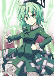 Rule 34 | &gt;:), 1girl, blush, closed mouth, cowboy shot, electricity, frilled sleeves, frills, ghost tail, green eyes, green hair, green shirt, green skirt, hand on own hip, hat, japanese clothes, long sleeves, looking at viewer, matching hair/eyes, ofuda, outstretched arm, shirt, skirt, skirt set, soga no tojiko, solo, suichuu hanabi, tate eboshi, touhou, v-shaped eyebrows