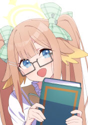 Rule 34 | 1girl, afnroll, blonde hair, blue archive, book, bow, closed mouth, glasses, green eyes, hair bow, happy, highres, holding, holding book, long hair, looking at viewer, multicolored hair, open mouth, orange hair, shimiko (blue archive), smile, solo, twintails, two-tone hair, very long hair