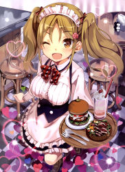 Rule 34 | 1girl, ;d, absurdres, breasts, brown eyes, brown hair, burger, checkered floor, cream, cup, drinking glass, drinking straw, food, fork, glass, glint, heart, highres, indoors, knife, looking at viewer, maid, maid headdress, one eye closed, open mouth, osa, osa (osaosa), plate, smile, sparkle, table, tray, twintails, waitress