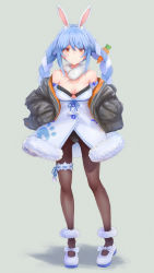 Rule 34 | 1girl, animal ear fluff, animal ears, black jacket, bomber jacket, bow, braid, breasts, brown pantyhose, carrot, carrot print, cleavage, don-chan (usada pekora), dress, food print, footwear bow, full body, fur-trimmed anklet, fur-trimmed dress, fur trim, grin, hands in pockets, highres, hololive, jacket, leotard, leotard under clothes, looking at viewer, lrig, multicolored hair, open clothes, open jacket, pantyhose, rabbit ears, shoes, sidelocks, simple background, small breasts, smile, solo, strapless, strapless dress, twin braids, twintails, two-tone hair, usada pekora, usada pekora (1st costume), virtual youtuber, white dress, white footwear