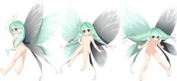Rule 34 | 1girl, absurdres, akata itsuki, ass, asymmetrical wings, blush, breasts, butterfly wings, censored, character request, clenched hands, fairy, full body, green hair, heterochromia, highres, index finger raised, insect wings, kokoro rista!, kona ver ii, long hair, looking at viewer, mismatched wings, mosaic censoring, multiple views, no nipples, nude, official art, open mouth, pussy, red eyes, small breasts, transparent background, wings, yellow eyes