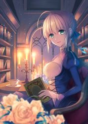 Rule 34 | 1girl, ahoge, artoria pendragon (fate), bad id, bad pixiv id, blonde hair, blurry, book, breasts, candle, cup, depth of field, dress, fate/stay night, fate (series), flower, green eyes, hair ribbon, highres, kurosawalena, necomi, ribbon, saber (fate), solo, teacup