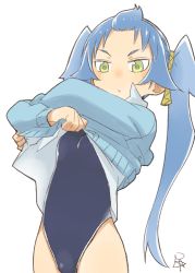 Rule 34 | 1girl, blue hair, clothes lift, female focus, one-piece swimsuit, original, satsuyo, simple background, solo, sweater, sweater lift, swimsuit, takaradai sameko, twintails, white background