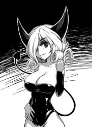 Rule 34 | 1girl, areola slip, bare shoulders, borrowed character, breasts, cleavage, come hither, commentary, cowboy shot, curly hair, demon girl, demon tail, eyeshadow, female focus, greyscale, hair over one eye, hero quest, highres, jiffic, large breasts, leotard, long hair, looking at viewer, makeup, monochrome, original, playboy bunny, simple background, smile, solo, succubus (hero quest), tail