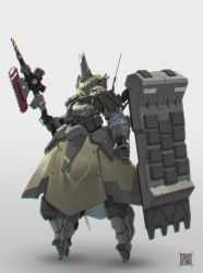 Rule 34 | 1girl, absurdres, antennae, armor, armored dress, blonde hair, breastplate, brown dress, chainsaw, chromatic aberration, clenched hand, dress, drill, gauntlets, green eyes, hair over one eye, helmet, highres, holding, holding polearm, holding weapon, mecha musume, oota youjo, original, pauldrons, polearm, qr code, scratches, shield, short hair, shoulder armor, solo, standing, weapon