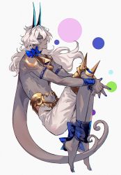 Rule 34 | 1boy, arjuna (fate), arjuna alter (fate), bare shoulders, barefoot, bound, colored skin, dark-skinned male, dark skin, fate/grand order, fate (series), grey skin, horns, knee spikes, long hair, maka (mksrw), male focus, ribbon, shorts, solo, spikes, tail, tied up (nonsexual), topless male, white hair