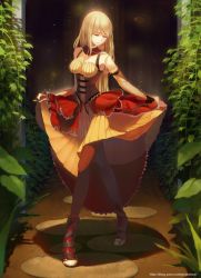 Rule 34 | 1girl, alternate costume, artoria pendragon (all), artoria pendragon (fate), bare shoulders, blonde hair, breasts, brown pantyhose, cao xiong, character request, corset, crossed legs, curtsey, detached collar, dress, closed eyes, fate/zero, fate (series), high heels, highres, lace, large breasts, leaf, long hair, pantyhose, saber (fate), shadow, shoes, solo, watermark, watson cross, web address, wrist cuffs