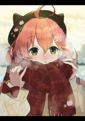 Rule 34 | :&lt;, ahoge, animal hat, beret, blush, breath, cable knit, cat hat, green eyes, hair ornament, hairclip, hat, hololive, long sleeves, nonco no, open mouth, pink hair, plaid, plaid scarf, sakura miko, sakura miko (casual), scarf, sleeve bow, sweater, upper body, virtual youtuber