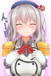 Rule 34 | 10s, 1girl, beret, blush, breasts, buttons, embarrassed, epaulettes, closed eyes, frilled sleeves, frills, gloves, gradient background, hat, incoming kiss, kantai collection, kashima (kancolle), large breasts, military, military uniform, silver hair, simple background, solo, tapisuke, translation request, uniform, white gloves