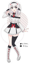 Rule 34 | 1girl, absurdres, asymmetrical legwear, black wings, buttons, chiem, chiem (vtuber), double-breasted, fingernails, frilled hairband, frilled skirt, frills, full body, grey eyes, hairband, highres, indie virtual youtuber, looking to the side, mismatched legwear, necktie, red necktie, ribbon-trimmed sleeves, ribbon trim, silver hair, skirt, solo, twitter username, virtual youtuber, white background, wings