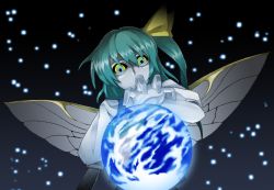 Rule 34 | 1girl, bad id, bad pixiv id, black sclera, bow, cloud, colored sclera, daiyousei, earth (planet), female focus, giant, giantess, green hair, hair bow, hair ornament, huge giantess, insect wings, long hair, mazeran, multicolored eyes, orb, planet, solo, star (sky), touhou, wings