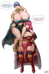 Rule 34 | 2girls, abs, absurdres, areola slip, batako (batakoart), blue hair, blush, breasts, curvy, dancer (fire emblem: three houses), earrings, female focus, fire emblem, fire emblem: three houses, fire emblem heroes, full body, gigantic breasts, gloves, highres, hilda valentine goneril, huge breasts, jewelry, long hair, looking at viewer, marianne von edmund, multiple girls, muscular, muscular female, navel, nintendo, pink eyes, pink hair, sandals, short hair, skindentation, source request, speech bubble, sweat, thick thighs, thighhighs, thighs, toes, veins, veiny breasts, wide hips