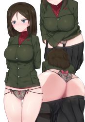 Rule 34 | 10s, 1girl, absurdres, arms behind back, ass, bad id, bad pixiv id, black footwear, black panties, black skirt, blue eyes, blush, bow, bow panties, breasts, brown hair, clothes pull, female focus, from behind, girls und panzer, green jacket, half-closed eyes, highres, jacket, large breasts, leaning forward, leg up, lingerie, long sleeves, multiple views, nonna (girls und panzer), panties, pleated skirt, pulling own clothes, red shirt, see-through, shirt, shoes, simple background, skirt, skirt pull, standing, sweat, turtleneck, underwear, undressing, white background, yoi naosuke
