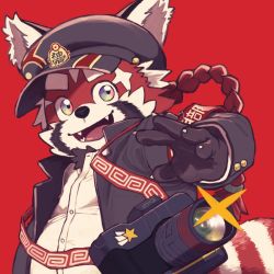 Rule 34 | 1boy, animal nose, armband, black fur, braid, camera, commentary request, fangs, fangs out, furry, furry male, gakuran, gomibako xxxx, hat, male focus, multicolored eyes, multicolored fur, open mouth, rainbow eyes, red background, red fur, red panda boy, red panda ears, red panda tail, school uniform, smile, snout, solo, thick eyebrows, tokyo houkago summoners, white fur, zhurong (housamo)