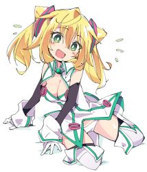 Rule 34 | 1girl, ^^^, blonde hair, breasts, bright pupils, cleavage, full body, gloves, green eyes, hacka doll, hacka doll 1, ixy, looking at viewer, open mouth, simple background, sitting, smile, solo, thighhighs, twintails, white background