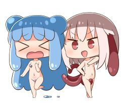Rule 34 | &gt; &lt;, 2girls, :d, absurdres, barefoot, blue hair, blush, breasts, chibi, closed eyes, convenient censoring, double bun, facing viewer, flying sweatdrops, grey hair, groin, hair between eyes, hair bun, half slime-chan, hana kazari, hand up, heart, highres, living clothes, long hair, monster girl, multiple girls, navel, nude, open mouth, original, red eyes, shokushu-chan, simple background, slime girl, small breasts, smile, standing, standing on one leg, tentacle clothes, translation request, v-shaped eyebrows, very long hair, wavy mouth