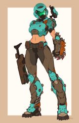 Rule 34 | 1girl, alternate universe, arm blade, armor, armored boots, battle rifle, beige border, boots, breastplate, commentary, company connection, crash (quake), crossover, crotch plate, doom (series), doom eternal, english commentary, full body, gauntlets, green-tinted eyewear, gun, helmet, highres, holding, holding gun, holding weapon, justrube, long legs, midriff, navel, outside border, pouch, quake 3 arena, rifle, science fiction, shoulder cannon, solo, tinted eyewear, toned, visor, weapon, white background