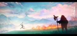 Rule 34 | ag+ (atelieriji), cloud, day, fire, grass, holding, holding pitchfork, letterboxed, link, male focus, mountain, nintendo, outdoors, pitchfork, silhouette, standing, the legend of zelda, the legend of zelda: breath of the wild