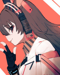 Rule 34 | 1girl, :p, animal ears, april (arknights), arknights, black gloves, brown eyes, brown hair, closed mouth, female focus, from side, gloves, hair between eyes, hand up, highres, jacket, long hair, partially fingerless gloves, profile, red background, smile, solo, tetuw, tongue, tongue out, white jacket