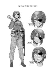 Rule 34 | 1girl, absurdres, angry, burn scar, camouflage, clenched teeth, constricted pupils, explosive, expressions, eyepatch, full body, grenade, greyscale, gun, hand grenade, high-explosive anti-tank (warhead), highres, holding, holding gun, holding weapon, man-portable anti-tank systems, monochrome, mp40, original, panzerfaust, recoilless gun, scar, short hair, sigama, stick grenade, stielhandgranate, submachine gun, teeth, translated, weapon, white background