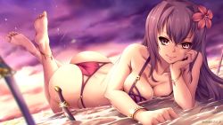 Rule 34 | 1girl, anklet, ass, barefoot, bikini, bracelet, breasts, cleavage, closed mouth, dagger, fate/grand order, fate (series), feet up, flower, gradient sky, hair flower, hair intakes, hair ornament, hand on own cheek, hand on own face, hibiscus, highres, jewelry, knife, large breasts, long hair, looking at viewer, lying, on stomach, outdoors, pink bikini, pink flower, planted, planted sword, planted weapon, purple eyes, purple hair, queasy s, scathach (fate), shallow water, sky, smile, soles, solo, sunlight, swimsuit, sword, the pose, toes, twilight, twitter username, very long hair, water, weapon